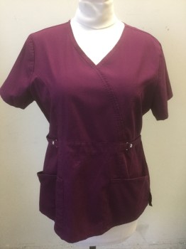 CHEROKEE LUXE, Red Burgundy, Polyester, Rayon, Solid, Short Sleeves, Faux Surplice V Neckline, Self Belt at Waist with Silver Buckles, 2 Hip Pockets, Elastic Waist in Back