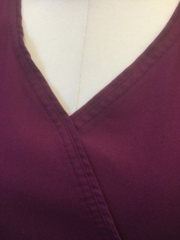 CHEROKEE LUXE, Red Burgundy, Polyester, Rayon, Solid, Short Sleeves, Faux Surplice V Neckline, Self Belt at Waist with Silver Buckles, 2 Hip Pockets, Elastic Waist in Back