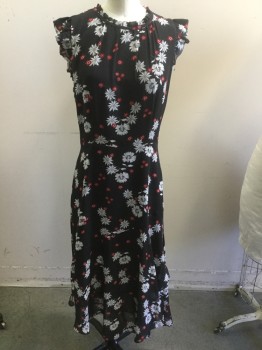 Womens, Dress, Short Sleeve, LENON , Black, White, Red, Polyester, Rayon, Floral, S, Crew Neck, Ruffled Neck, Butterfly Sleeves,  Back Zip