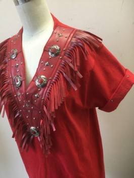 JOANIE W., Red, Cotton, Faux Leather, Solid, Jersey T-Shirt, Pleather V-Neck Yoke with Fringe, Western Style Silver Conchos and Small Studs, Folded Short Sleeve Cuffs with Silver Studs,