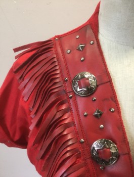 JOANIE W., Red, Cotton, Faux Leather, Solid, Jersey T-Shirt, Pleather V-Neck Yoke with Fringe, Western Style Silver Conchos and Small Studs, Folded Short Sleeve Cuffs with Silver Studs,