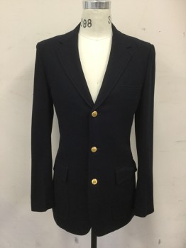 Mens, Blazer/Sport Co, BROOKS BROTHERS, Navy Blue, Wool, Solid, 36, Single Breasted, Collar Attached, Notched Lapel, Gold Buttons, 3 Pockets