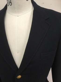 BROOKS BROTHERS, Navy Blue, Wool, Solid, Single Breasted, Collar Attached, Notched Lapel, Gold Buttons, 3 Pockets