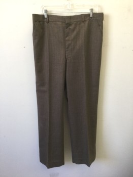 Mens, 1980s Vintage, Suit, Pants, ZACHARY ALL, Brown, White, Wool, Stripes - Pin, Ins:30, W:34, Flat Front, Zip Fly, Slanted Front Pockets, 4 Pockets,