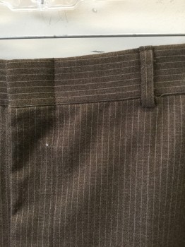 Mens, 1980s Vintage, Suit, Pants, ZACHARY ALL, Brown, White, Wool, Stripes - Pin, Ins:30, W:34, Flat Front, Zip Fly, Slanted Front Pockets, 4 Pockets,