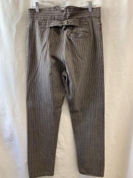 N/L, Faded Black, Cream, Cotton, Stripes - Vertical , Aged/Distressed,  Flat Front, Button Fly,  Mended Hole, 4 Pockets, Self Belt Tab Back,