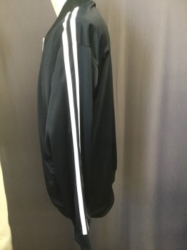 TRUST, Black, White, Nylon, Polyester, Solid, Stripes, Track Jacket, White Stripes Down Sleeves, Zip Front ,Ribbed Band Collar