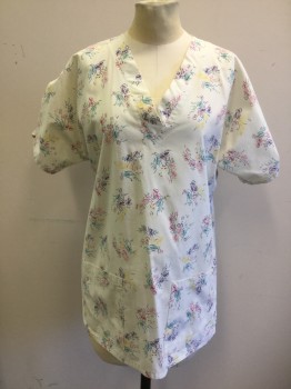 LANDAU, Off White, Teal Green, Pink, Yellow, Purple, Poly/Cotton, Floral, Stylized Floral Pattern on Off-White, V-neck, Short Sleeves, 2 Patch Hip Pockets