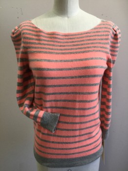 Womens, Pullover, REBECCA TAYLOR, Coral Orange, Gray, Wool, Cashmere, Stripes - Horizontal , Small, Bateau/Boat Neck, Puff Sleeves, Knit, 3/4 Sleeves,