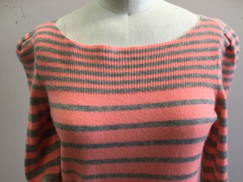 Womens, Pullover, REBECCA TAYLOR, Coral Orange, Gray, Wool, Cashmere, Stripes - Horizontal , Small, Bateau/Boat Neck, Puff Sleeves, Knit, 3/4 Sleeves,