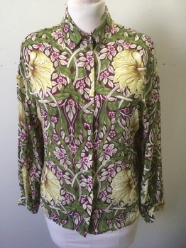 MORRIS & CO/H&M, Multi-color, Lime Green, Red Burgundy, Ecru, Lt Pink, Polyester, Floral, Blouse, Burgundy/Olive/Ecru/Lime/Beige Floral Pattern, Crinkled Texture Chiffon, Long Sleeve Button Front, Collar Attached, Oversized Fit
