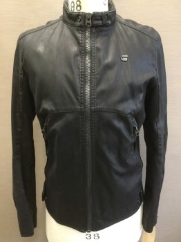 Mens, Leather Jacket, GSTAR RAW, Black, Synthetic, Solid, M, Faux Leather, Zip Front, Collar Band, Black Rib Knit Underarm Insets & Cuffs, 2 Zip Pockets