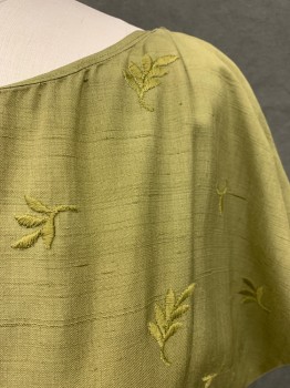NO LABEL, Green, Silk, Solid, Leaf Embroidery , Boat Neck, Back Zipper, Skirt Below Knee, Kimono Cap Sleeve, Lined