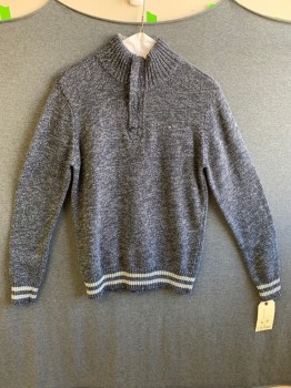 TOMMY HILFIGER, Navy Blue, Lt Gray, Cotton, Heathered, Long Sleeves, Zip Front Placket, Mock Turtle Neck, Pullover,