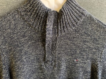 TOMMY HILFIGER, Navy Blue, Lt Gray, Cotton, Heathered, Long Sleeves, Zip Front Placket, Mock Turtle Neck, Pullover,