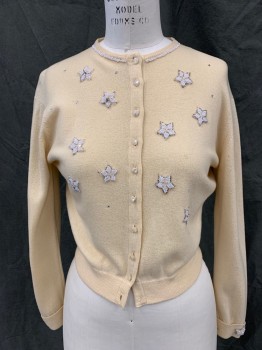 DALTON, Eggshell White, White, Wool, Solid, Stars, Button Front, White Beaded Stars/Collar Trim, Small Rhinestones, Ribbed Knit Collar/Cuff, Rolled Back Cuff with White Beaded Stars on Cuffs, *Dirty Cuff, Small Stain on Front Left Sleeve, Missing Lowest Button* Retro 1950's