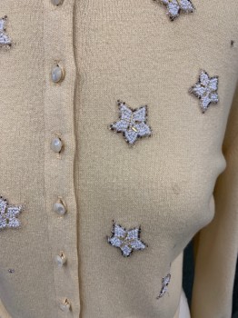 DALTON, Eggshell White, White, Wool, Solid, Stars, Button Front, White Beaded Stars/Collar Trim, Small Rhinestones, Ribbed Knit Collar/Cuff, Rolled Back Cuff with White Beaded Stars on Cuffs, *Dirty Cuff, Small Stain on Front Left Sleeve, Missing Lowest Button* Retro 1950's