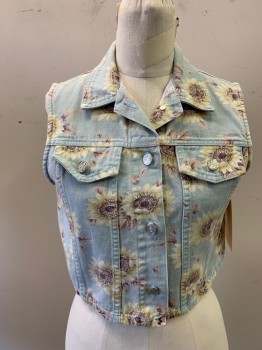 A. BYER, Lt Blue, White, Brown, Pink, Lt Green, Cotton, Floral, Faded, Button Front, Collar Attached, 2 Button Down Flaps,