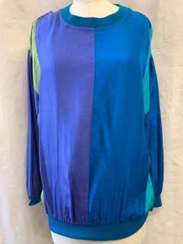 SUNNY LEIGH, Black, Purple, French Blue, Teal Blue, Turquoise Blue, Silk, Color Blocking, Pullover, Crew Neck, Long Sleeves, Rib Knit Neck, Waist, & Cuffs