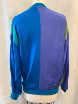 Womens, Top, SUNNY LEIGH, Black, Purple, French Blue, Teal Blue, Turquoise Blue, Silk, Color Blocking, M, Pullover, Crew Neck, Long Sleeves, Rib Knit Neck, Waist, & Cuffs