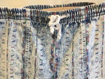 Mens, Pants, BONJOUR, Blue, Green, Red, Brown, Orange, Cotton, Geometric, Stripes - Vertical , 36/32, Acid Washed Out Blue Denim with Blue/green/Red/brown/orange Geometric Vertical Print, 1.5" Elastic Waistband with White D-string,3 Pockets, Stretched Out Elastic Hem,