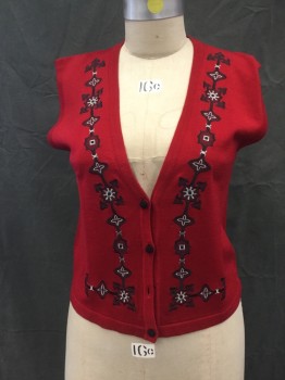 KORET, Red, Black, Acrylic, Wool, Solid, B.F., 4 Btns Bottom One Is Missing, V-N, Machine Embroidered Design Front