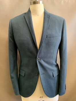 Mens, Sportcoat/Blazer, TOPMAN, Dk Blue, Polyester, Viscose, Solid, 40R, Dark Turquoise, Ribbed Texture, Single Breasted, Thin Notched Lapel, 3 Pockets, Slim Fit, Black Lining