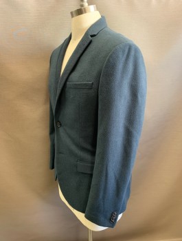 Mens, Sportcoat/Blazer, TOPMAN, Dk Blue, Polyester, Viscose, Solid, 40R, Dark Turquoise, Ribbed Texture, Single Breasted, Thin Notched Lapel, 3 Pockets, Slim Fit, Black Lining