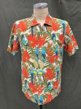 Mens, Hawaiian Shirt, OBEY, Red, Off White, Green, Aqua Blue, Navy Blue, Cotton, Floral, Novelty Pattern, M, Flowers and Toucans, Button Front, Collar Attached, Short Sleeves, 1 Pocket