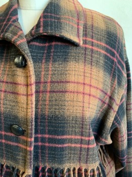 ATTITUDE, Brown, Black, Red, Wool, Nylon, Plaid, Button Front, Collar Attached, Fringe Detail, 2 Pockets, Long Sleeves