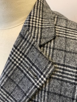 Mens, Sportcoat/Blazer, FABIO INGHIRAMI, Gray, Black, White, Wool, Plaid-  Windowpane, 42R, Single Breasted, Notched Lapel, 2 Buttons, Solid Charcoal Microsuede Elbow Patches, 3 Pockets, Black Lining