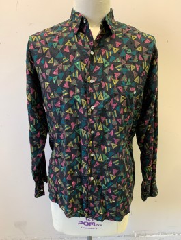 COSI L'UOMO , Black, Magenta Pink, Olive Green, Green, Brown, Rayon, Geometric, Abstract , Triangles Pattern, Long Sleeve Button Front, Collar Attached, 1 Pocket with Button Closure