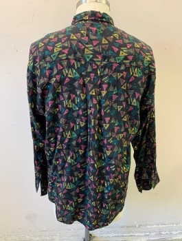 COSI L'UOMO , Black, Magenta Pink, Olive Green, Green, Brown, Rayon, Geometric, Abstract , Triangles Pattern, Long Sleeve Button Front, Collar Attached, 1 Pocket with Button Closure