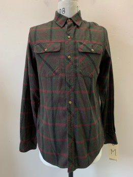 DRAVUS, Dk Green, Brown, Red Burgundy, Black, Cotton, Plaid, Button Front, Collar Attached, Long Sleeves, 2 Flap Pockets with Button Closure