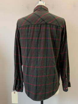 DRAVUS, Dk Green, Brown, Red Burgundy, Black, Cotton, Plaid, Button Front, Collar Attached, Long Sleeves, 2 Flap Pockets with Button Closure