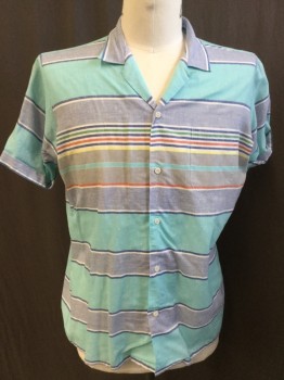 SEA ISLE BY ARROW, Sea Foam Green, Slate Blue, White, Green, Red, Polyester, Cotton, Stripes - Horizontal , Collar Attached, Button Front, 1 Pocket, Short Sleeves with Cuff