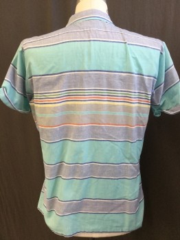 SEA ISLE BY ARROW, Sea Foam Green, Slate Blue, White, Green, Red, Polyester, Cotton, Stripes - Horizontal , Collar Attached, Button Front, 1 Pocket, Short Sleeves with Cuff
