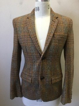 Mens, Sportcoat/Blazer, MARC JACOBS, Tan Brown, Chocolate Brown, Brown, Amber Yellow, Wool, Polyamide, Plaid, Tweed, 36S, Single Breasted, Collar Attached, Notched Lapel, 3 Pockets, 2 Buttons,  Dark Brown Suede Elbow Patches