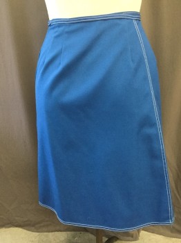 KORET OF CALIFORNIA, Royal Blue, White, Polyester, Cotton, Solid, A-line, Wrap Skirt Closes in Back, 2 Pockets, Decorative White Top Stitching,