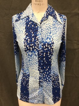 Womens, Blouse, N/L, Navy Blue, Blue, Lt Blue, Blue-Gray, Polyester, Dots, Stripes, B 36, Multi Blue Dots in Stripe Pattern, Button Front, Pointy Collar Attached, Long Sleeves, Button Cuff