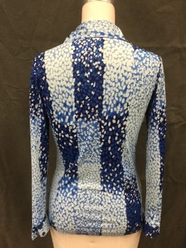 Womens, Blouse, N/L, Navy Blue, Blue, Lt Blue, Blue-Gray, Polyester, Dots, Stripes, B 36, Multi Blue Dots in Stripe Pattern, Button Front, Pointy Collar Attached, Long Sleeves, Button Cuff