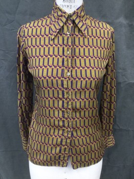Womens, Blouse, LELLA SPORT, Purple, Turmeric Yellow, Red, Black, Silk, Geometric, B 34, Chain Link-like Vertical Stripe Pattern, Button Front, Pointy Collar Attached, Long Sleeves, Button Cuff
