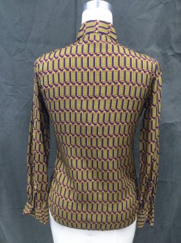 LELLA SPORT, Purple, Turmeric Yellow, Red, Black, Silk, Geometric, Chain Link-like Vertical Stripe Pattern, Button Front, Pointy Collar Attached, Long Sleeves, Button Cuff
