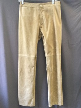 EDWARDO LUCERO, Tan Brown, Faux Leather, Solid, Zip Front, 1 Pocket, Waistband Goes Into Pointed Back Yoke, No Belt Loops, Faux Suede, Lined to Knees