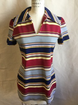 RUSS, Gray, Dk Red, Navy Blue, Yellow, White, Polyester, Stripes - Horizontal , V-neck with Collar Attached, Short Sleeves, Flair Bottom