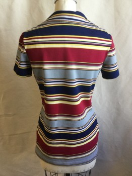 RUSS, Gray, Dk Red, Navy Blue, Yellow, White, Polyester, Stripes - Horizontal , V-neck with Collar Attached, Short Sleeves, Flair Bottom