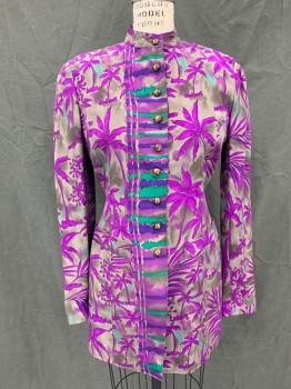 DANA BUCHMAN, Putty/Khaki Gray, Purple, Teal Green, Synthetic, Tropical , Palm Trees Print, Mandarin Collar, Rounded Brown/Cream Button Front, 2 Pockets, Long Sleeves
