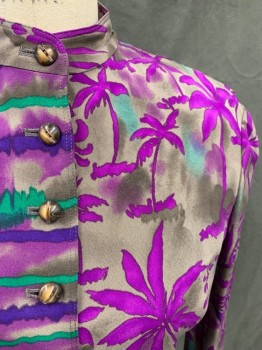 DANA BUCHMAN, Putty/Khaki Gray, Purple, Teal Green, Synthetic, Tropical , Palm Trees Print, Mandarin Collar, Rounded Brown/Cream Button Front, 2 Pockets, Long Sleeves
