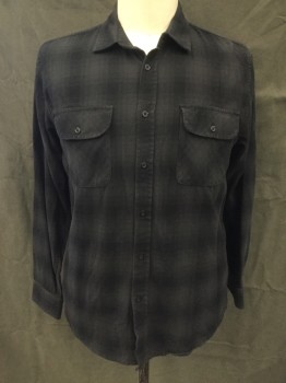 OBEY, Charcoal Gray, Black, Cotton, Plaid, Flannel, Button Front, Collar Attached, Long Sleeves, Button Cuffs, 2 Button Flap Pockets