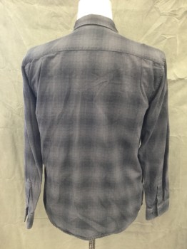 OBEY, Charcoal Gray, Black, Cotton, Plaid, Flannel, Button Front, Collar Attached, Long Sleeves, Button Cuffs, 2 Button Flap Pockets